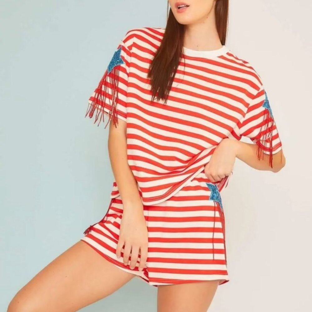 🌟 Red & White Striped Sequin Star Tee – Main Strip